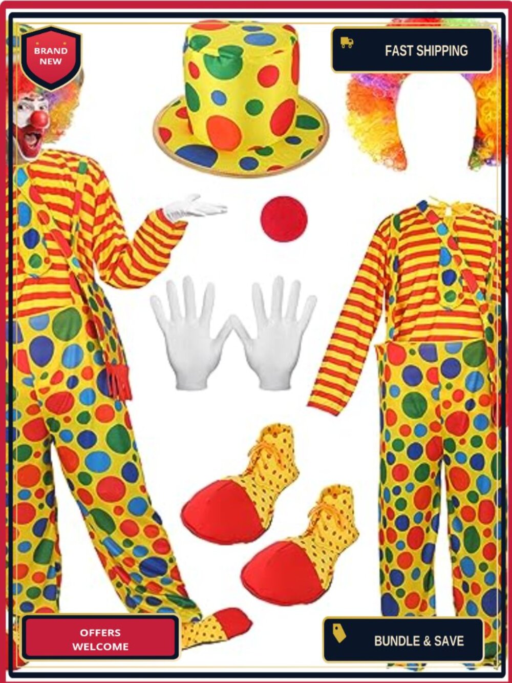 7 Pc Clown Costume Set Adult XL Wig Nose Hat Shoes Gloves Bag Polyester